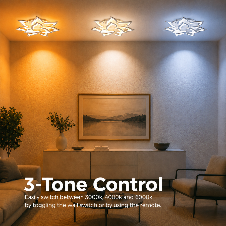 Żyrandol LED z pilotem LOTUS 91W, 9 płatków, światło zimne/ciepłe/neutralne, możliwość przyciemniania, biały