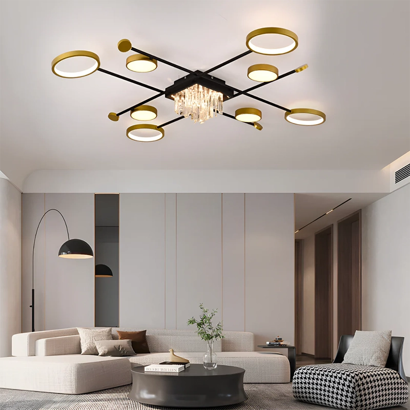 Żyrandol LED z pilotem i kryształem GUIDE 46W, 8 elementów, zimne/ciepłe/neutralne światło, ściemnialny, czarno-złoty 
