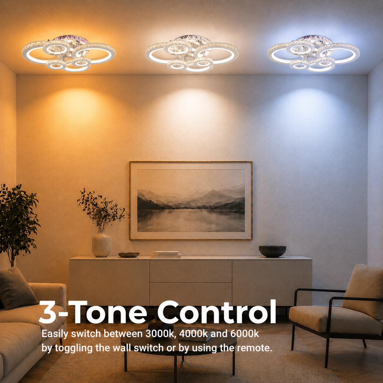 Żyrandol LED z pilotem i kryształem NOVA ROTONDA RGB 144W, 6 kółek, światło zimne/ciepłe/neutralne, możliwość przyciemniania, błyszczące chromowane żyrandole i kryształy LED Domyślny tytuł Alessandro Design