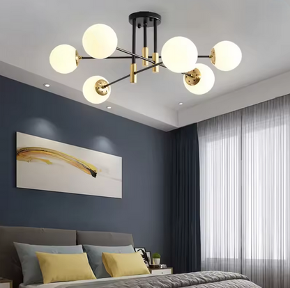 Okrągły żyrandol z białą kulą, salon PENTHOUSE, 6xE27, czarno-złoty, metalowe nowoczesne żyrandole domyślny tytuł Alessandro Design
