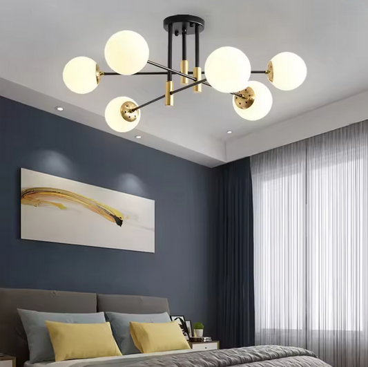 Okrągły żyrandol z białą kulą, salon PENTHOUSE, 6xE27, czarno-złoty, metalowe nowoczesne żyrandole domyślny tytuł Alessandro Design