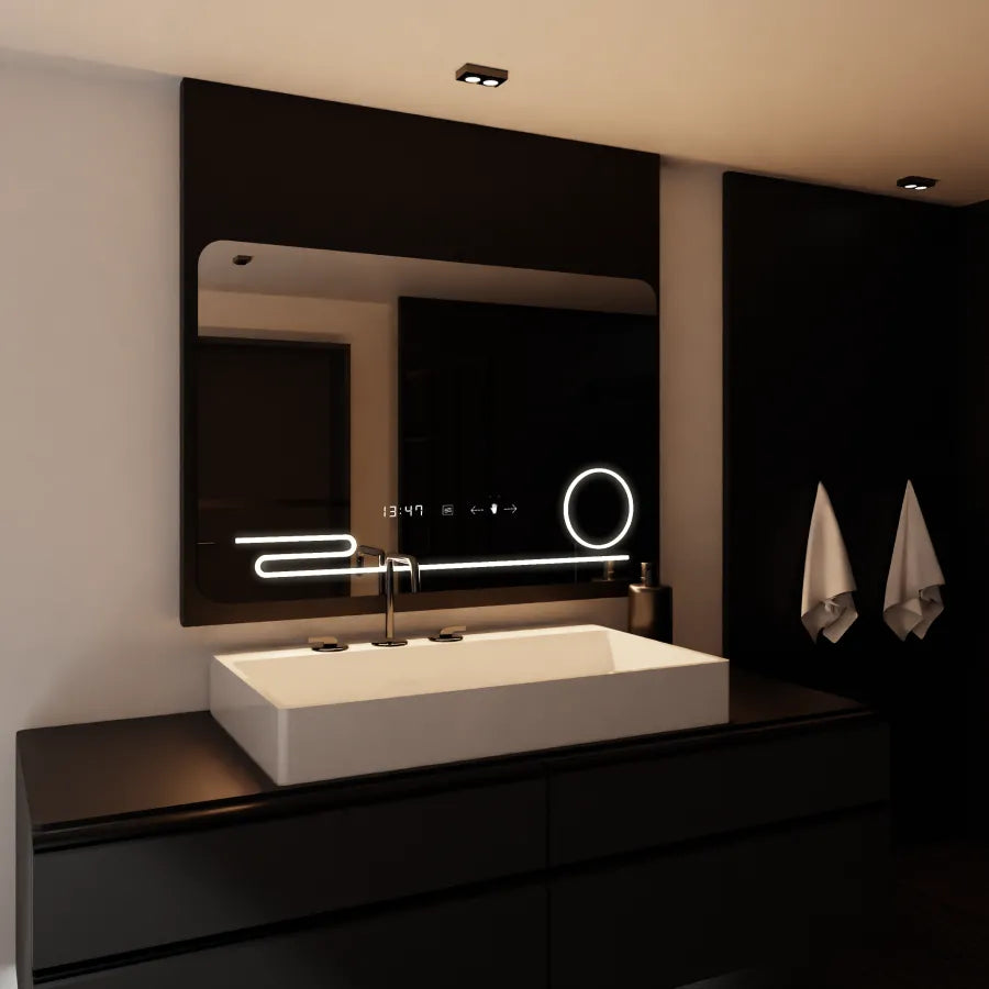 Prostokątne lustro LED, 120x80cm, Harmonie MotionGlow Marcello, system usuwania zamglenia, zegar i termometr, lupa kosmetyczna, przyciemniane lustra Marcello Domyślny tytuł Alessandro Design