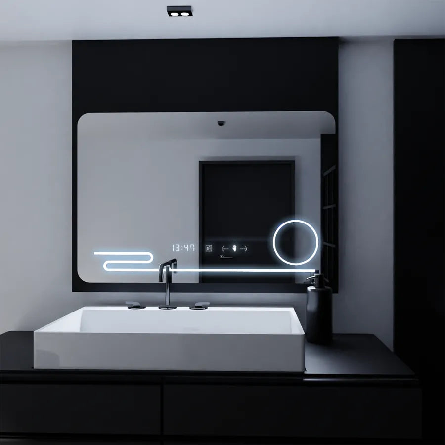 Prostokątne lustro LED, 100x60 cm, Harmonie MotionGlow Marcello, system usuwania zamglenia, zegar i termometr, lupa kosmetyczna, przyciemniane lustra Marcello Domyślny tytuł Alessandro Design
