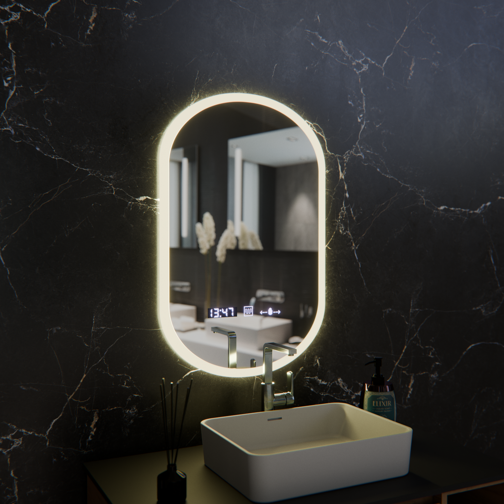 Owalne lustro LED, 50x80 cm, czujnik Lucia Marcello, system odmgławiania, zegar i termometr, lustra Dimabila Marcello Domyślny tytuł Alessandro Design