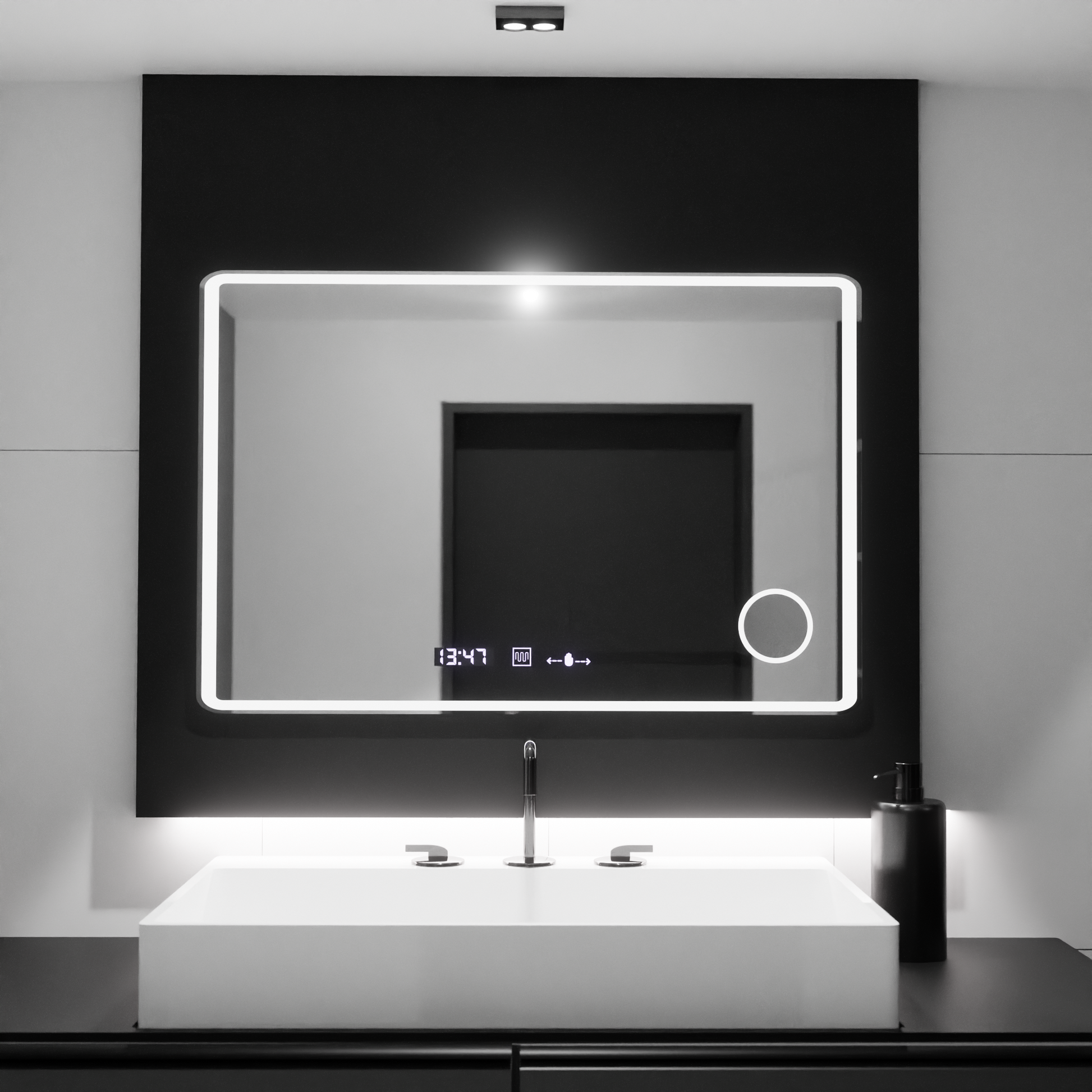 Prostokątne lustro LED 120x80 Aura Riflesso Puro MotionGlow Marcello, system odmgławiania, termometr i zegar, ściemniane lustra Marcello Domyślny tytuł Alessandro Design