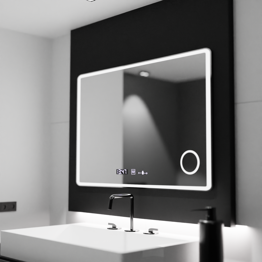 Prostokątne lustro LED 120x80 Aura Riflesso Puro MotionGlow Marcello, system odmgławiania, termometr i zegar, ściemniane lustra Marcello Domyślny tytuł Alessandro Design