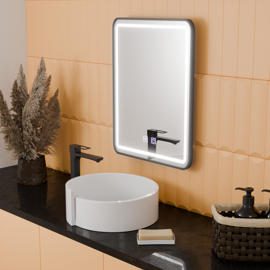 Prostokątne lustro LED, 50x70cm, dotyk EDGE, system odmgławiania, lustra z czarną ramą Korman E Domyślny tytuł Alessandro Design