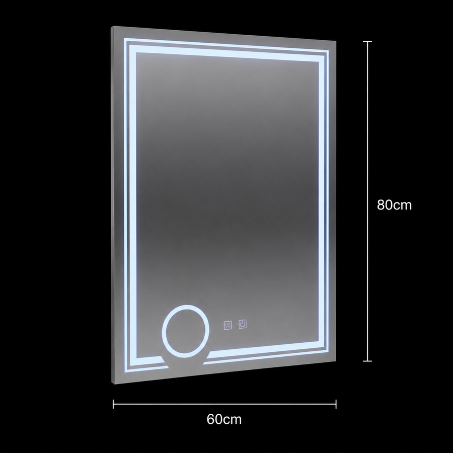 Prostokątne lustro LED, 60x80cm, CANTO Touch, system odmgławiania, możliwość przyciemniania