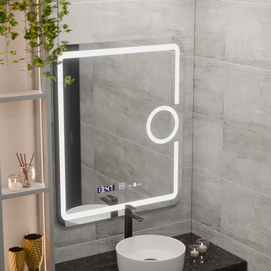 Prostokątne lustro LED, 75x90cm, Eclat MotionGlow Marcello, system odmgławiania, zegar i termometr, lupa kosmetyczna, przyciemniane lustra Marcello Domyślny tytuł Alessandro Design