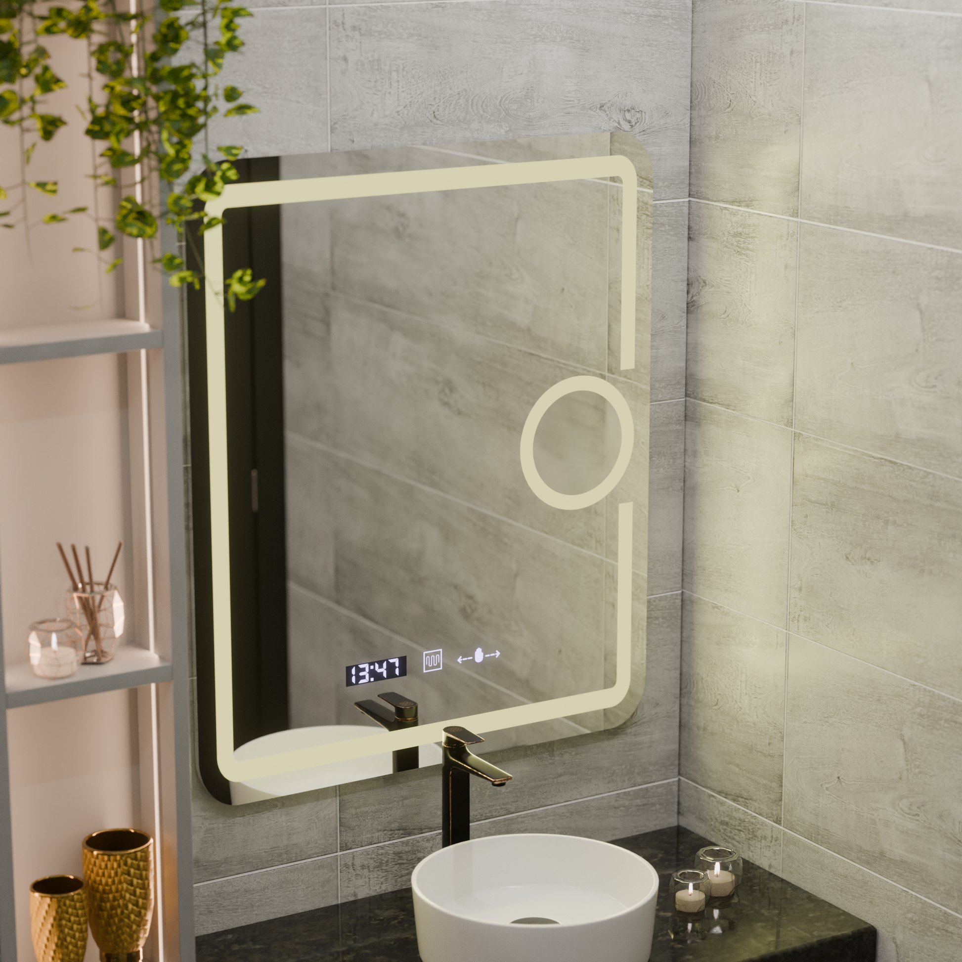 Prostokątne lustro LED, 75x90cm, Eclat MotionGlow Marcello, system odmgławiania, zegar i termometr, lupa kosmetyczna, przyciemniane lustra Marcello Domyślny tytuł Alessandro Design