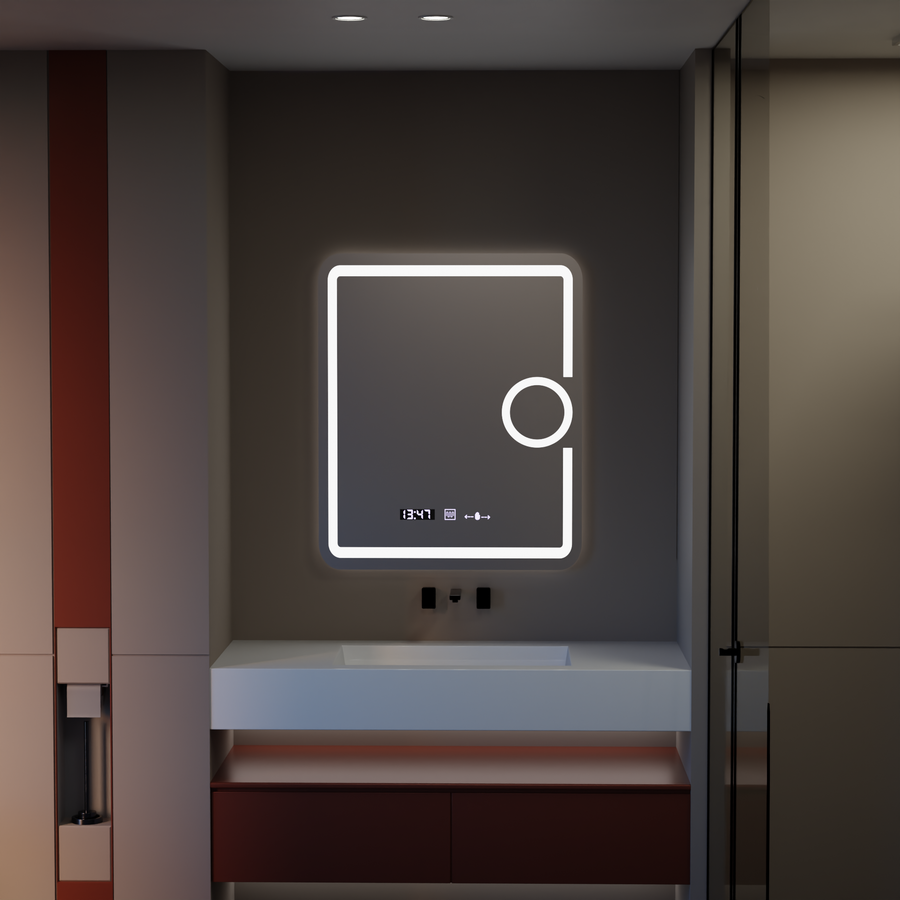 Prostokątne lustro LED, 75x90cm, Eclat MotionGlow Marcello, system odmgławiania, zegar i termometr, lupa kosmetyczna, przyciemniane lustra Marcello Domyślny tytuł Alessandro Design