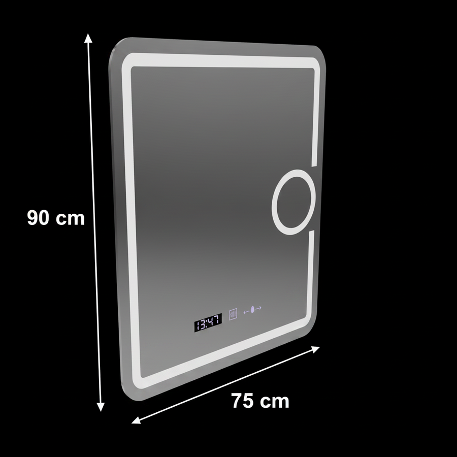 Prostokątne lustro LED, 75x90cm, Eclat MotionGlow Marcello, system odmgławiania, zegar i termometr, lupa kosmetyczna, możliwość przyciemniania
