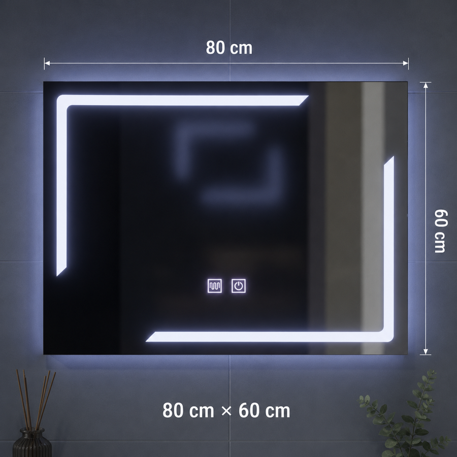 Prostokątne lustro LED, 80x60cm, ECLISSA Touch, system odmgławiania, możliwość przyciemniania
