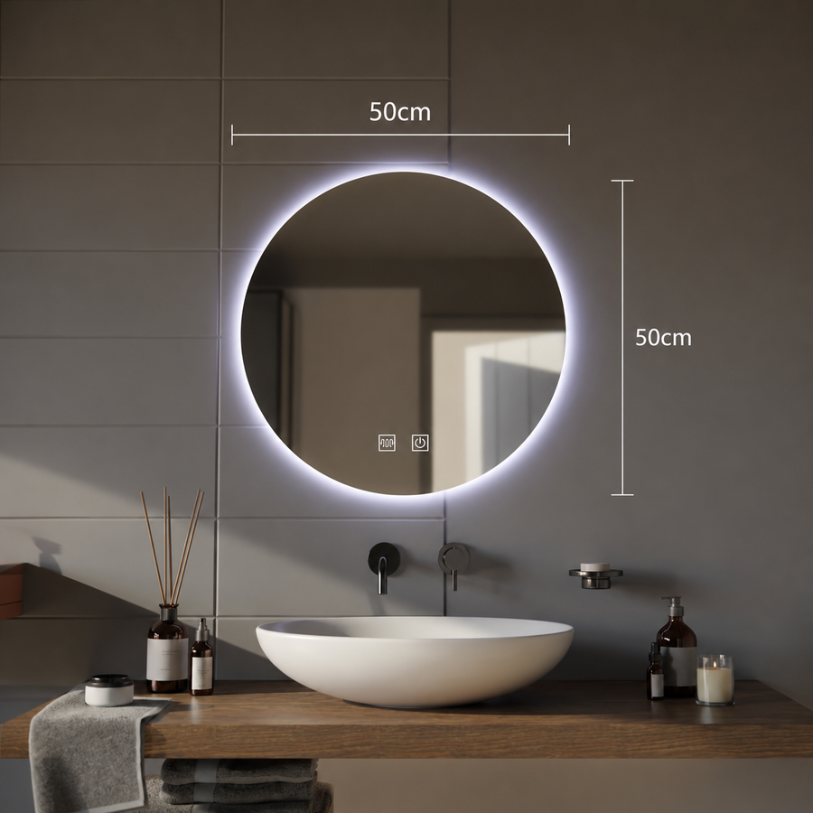 Okrągłe lustro LED, 60cm, Isolda, dotyk, system odmgławiania, światło zimne 6000k