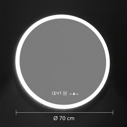 GIULIA Okrągłe lustro LED, 70 cm, czujnik MotionGlow, system odmgławiania, zegar i termometr, możliwość przyciemniania, Marcello Funghi