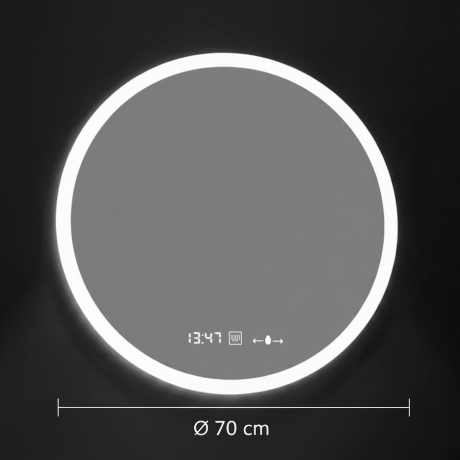GIULIA Okrągłe lustro LED, 70 cm, czujnik MotionGlow, system odmgławiania, zegar i termometr, możliwość przyciemniania, Marcello Funghi