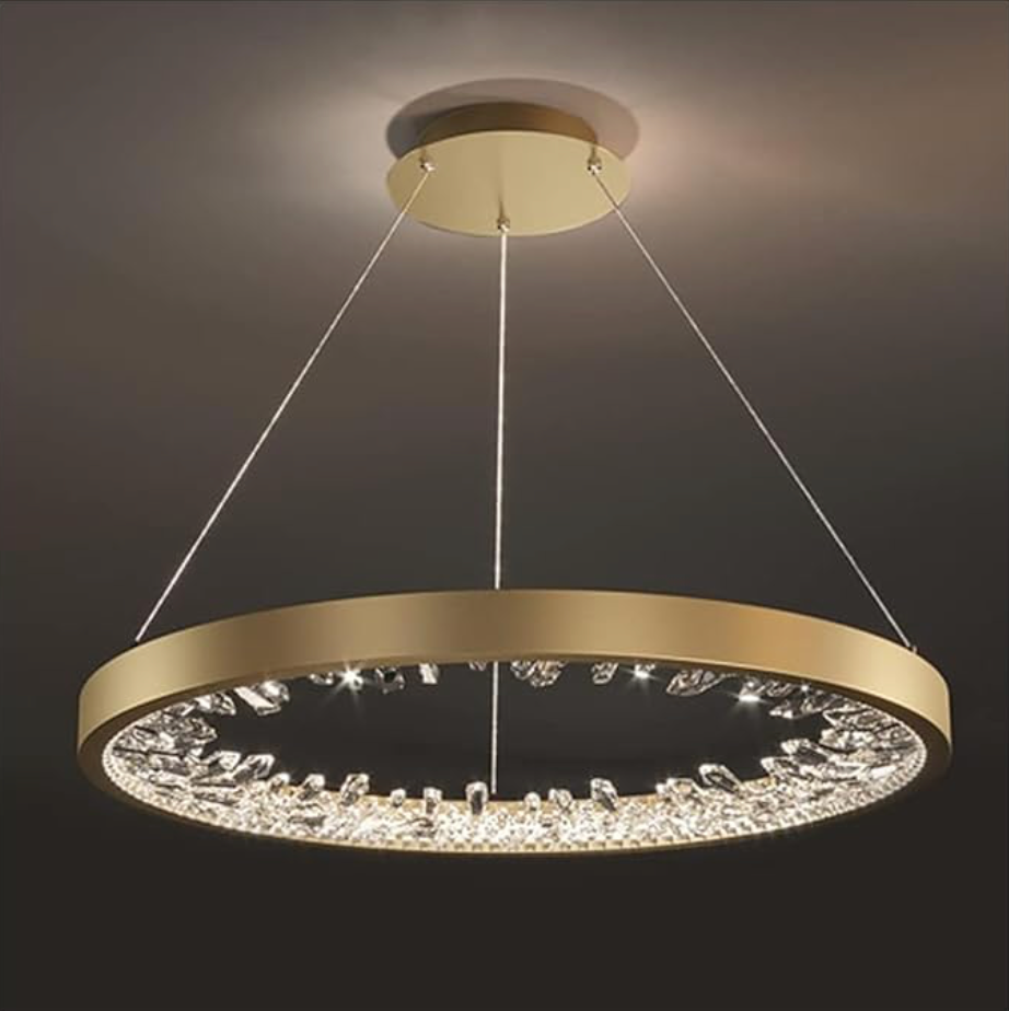 Zawieszany żyrandol LED z pilotem, kryształy K9, 29W, 1 krąg, światło zimne/ciepłe/neutralne, możliwość przyciemniania, złoty, żyrandole LED z regulacją wysokości z pilotem Domyślny tytuł Alessandro Design