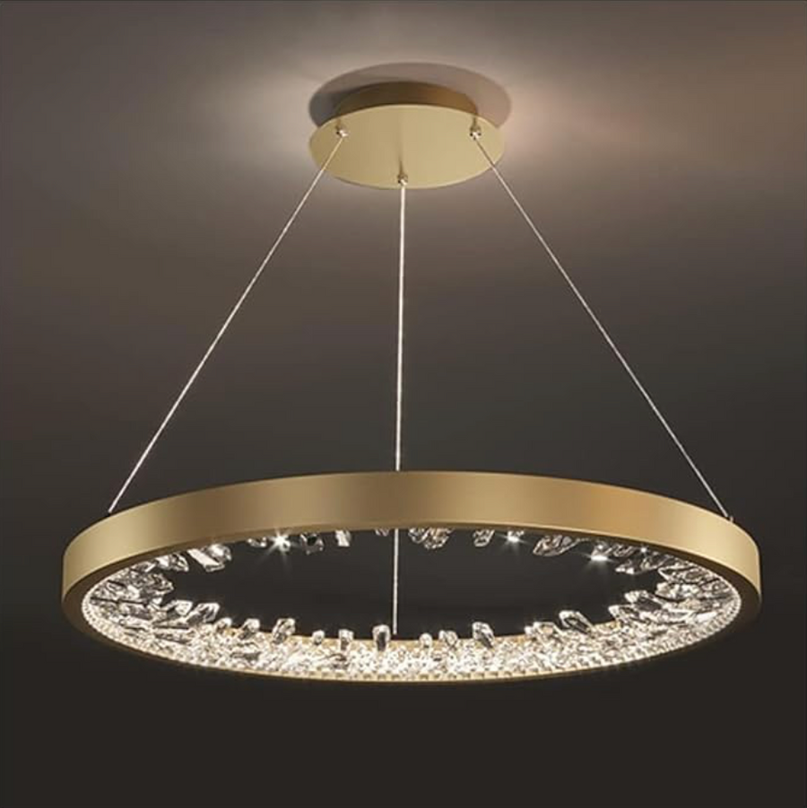 Zawieszany żyrandol LED z pilotem, kryształy K9, 29W, 1 krąg, światło zimne/ciepłe/neutralne, możliwość przyciemniania, złoty, żyrandole LED z regulacją wysokości z pilotem Domyślny tytuł Alessandro Design