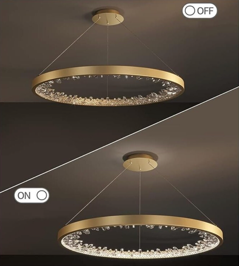 Zawieszany żyrandol LED z pilotem, kryształy K9, 29W, 1 krąg, światło zimne/ciepłe/neutralne, możliwość przyciemniania, złoty, żyrandole LED z regulacją wysokości z pilotem Domyślny tytuł Alessandro Design