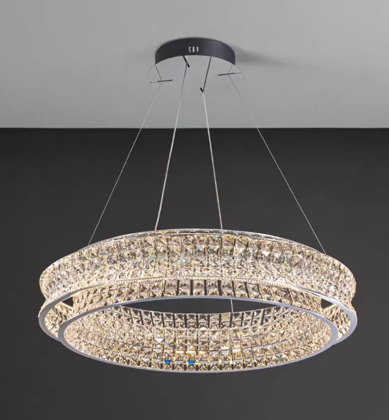 Żyrandol LED z pilotem, LLC160/500CH, kryształ i metal, 54W, 1 okrąg, możliwość przyciemniania, regulowana wysokość, światło zimne/ciepłe/neutralne, luksusowe oświetlenie Żyrandole LED z pilotem Domyślny tytuł Alessandro Design