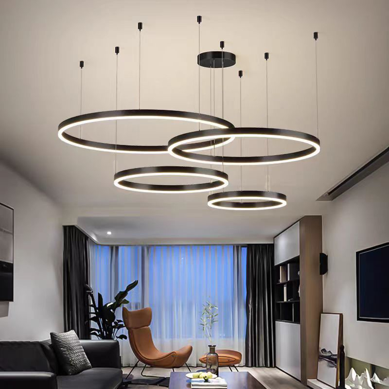 Zawieszany żyrandol LED z pilotem LT813/4BK 139 W, 4 koła, światło zimne/ciepłe/neutralne, możliwość przyciemniania, czarny, żyrandol LED z regulacją wysokości z pilotem Domyślny tytuł Alessandro Design