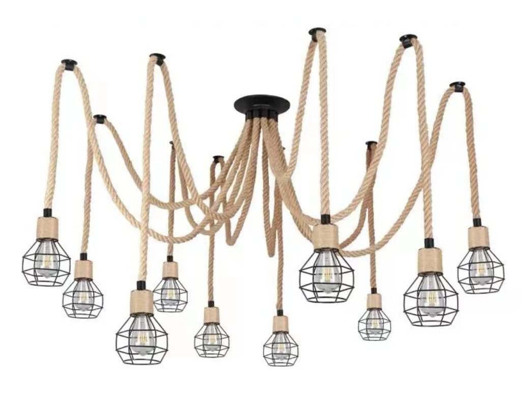 Żyrandol w stylu vintage LV121/10BK, 10xE27, rustykalny, sznurek i metal, 2x100cm, czarna podpora Żyrandole w stylu vintage Domyślny tytuł Alessandro Design