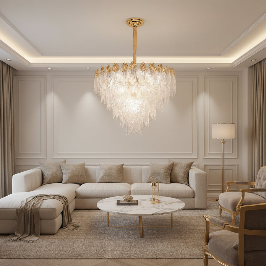 Candelabru Cristal MURANO Eleganza 9xE14, D50 cm, Auriu, Inaltime Reglabila, Metal si Cristal