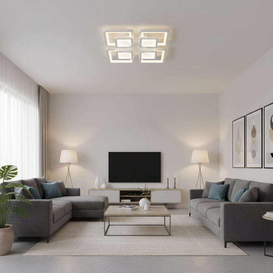 Żyrandol LED z pilotem SUSAN 96W, 4 kwadraty, światło zimne/ciepłe/neutralne, możliwość przyciemniania, biały Żyrandol LED z pilotem Domyślny tytuł Alessandro Design