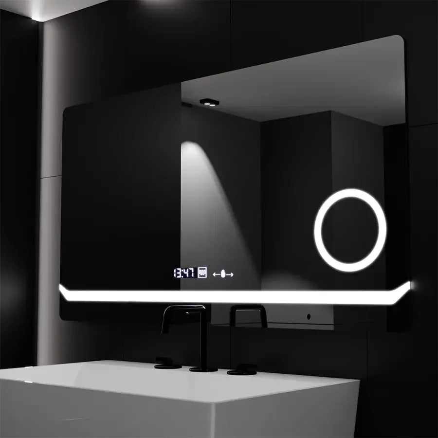 Prostokątne lustro LED, 80x60 cm, definicja MotionGlow Marcello, system usuwania zamglenia, zegar i termometr, lupa kosmetyczna, przyciemniane lustra Marcello Domyślny tytuł Alessandro Design