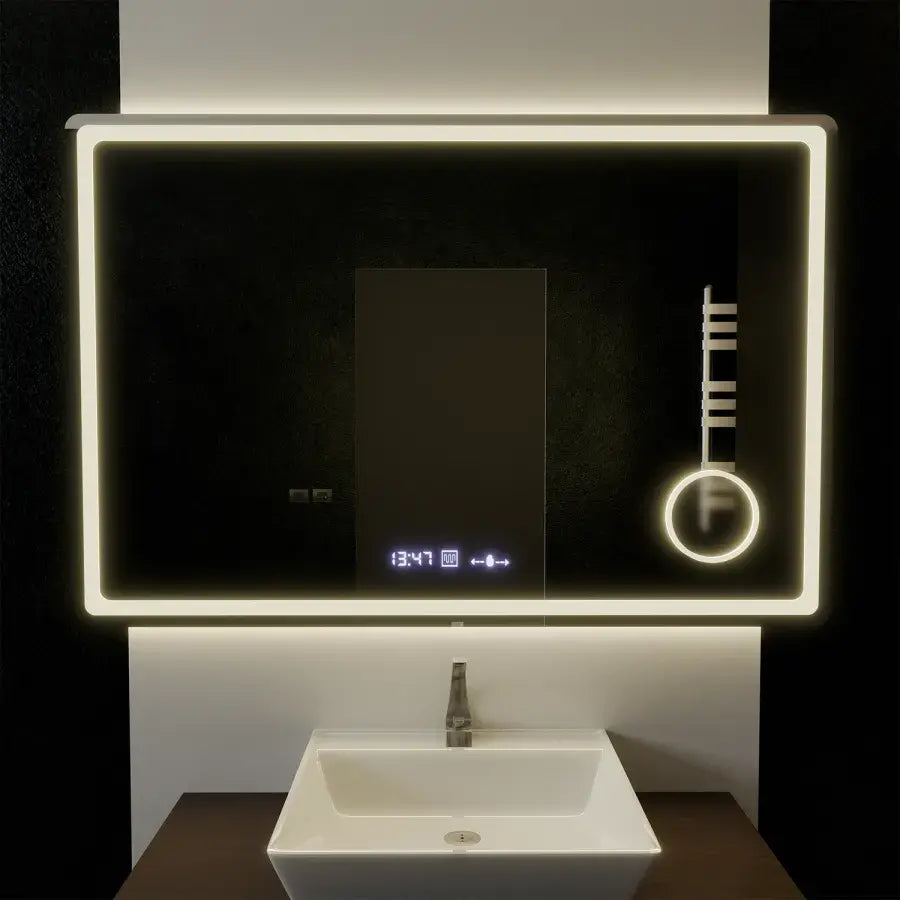 Prostokątne lustro LED, 120x80 cm, Souverain MotionGlow Marcello, system usuwania zamglenia, zegar i termometr, lupa kosmetyczna, przyciemniane lustra Marcello Domyślny tytuł Alessandro Design