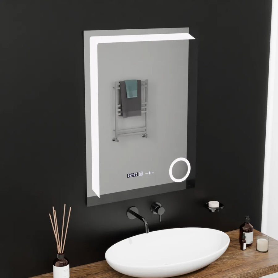 Prostokątne lustro LED, 60x80 cm, Precision MotionGlow Marcello, system usuwania zamglenia, zegar i termometr, lupa kosmetyczna, przyciemniane lustra Marcello Domyślny tytuł Alessandro Design