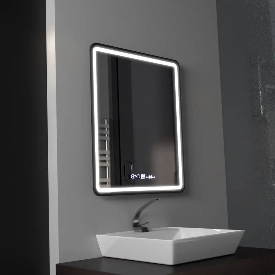 Prostokątne lustro LED, 75x90cm, Favola MotionGlow Marcello, system odmgławiania, zegar i termometr, możliwość przyciemniania