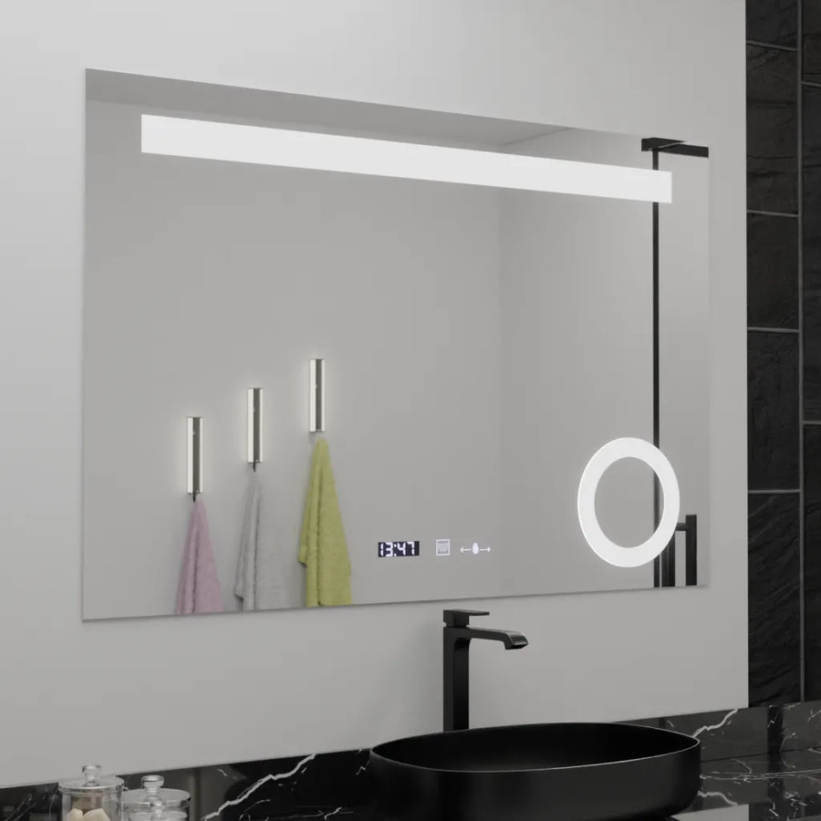 Prostokątne lustro LED, 120x80cm, ABSOLU MotionGlow Marcello, system odmgławiania, zegar i termometr, lupa kosmetyczna, przyciemniane lustra Marcello Domyślny tytuł Alessandro Design