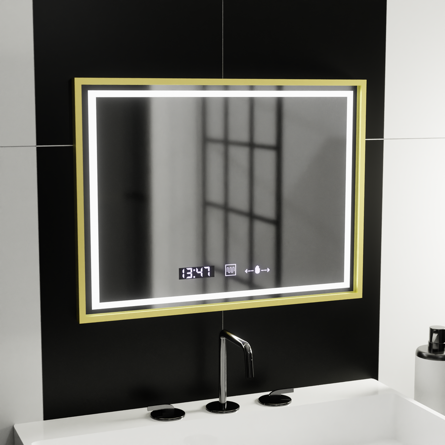 Prostokątne lustro LED, 80x60 cm, Verite Royale Gold MotionGlow Marcello, system przeciwmgielny, zegar i termometr, przyciemniane lustra Marcello Domyślny tytuł Alessandro Design