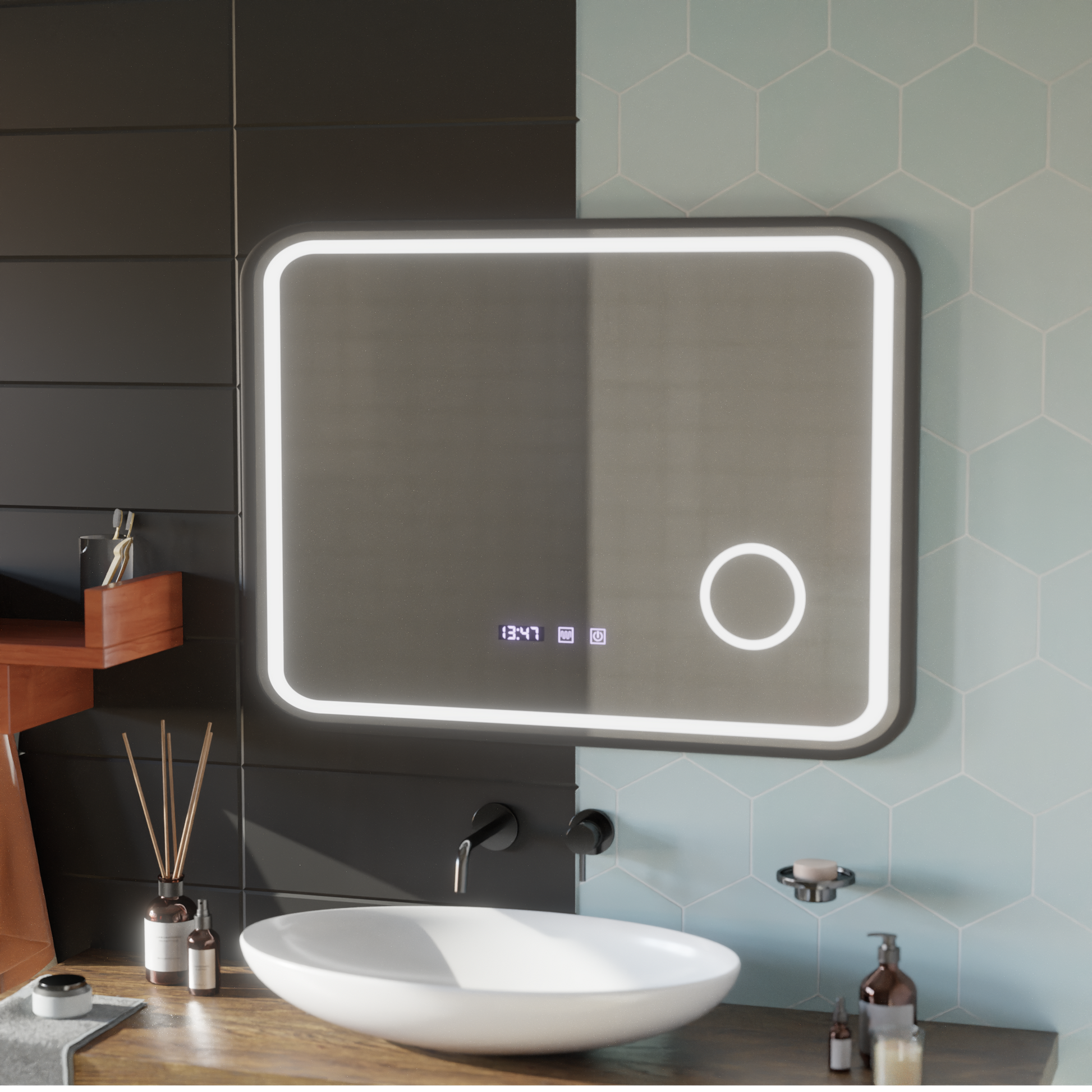 LED Touch Bernd System odmgławiania lusterek, zegar i temperatura 80x60 cm Czarna ramka Szczotkowane lusterka kosmetyczne Korman S Domyślny tytuł Alessandro Design