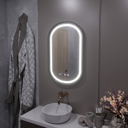 Helmut LED Touch System odmgławiania lusterek, zegar i temperatura 50x80 cm Czarna ramka Szczotkowane Marcello Funghi