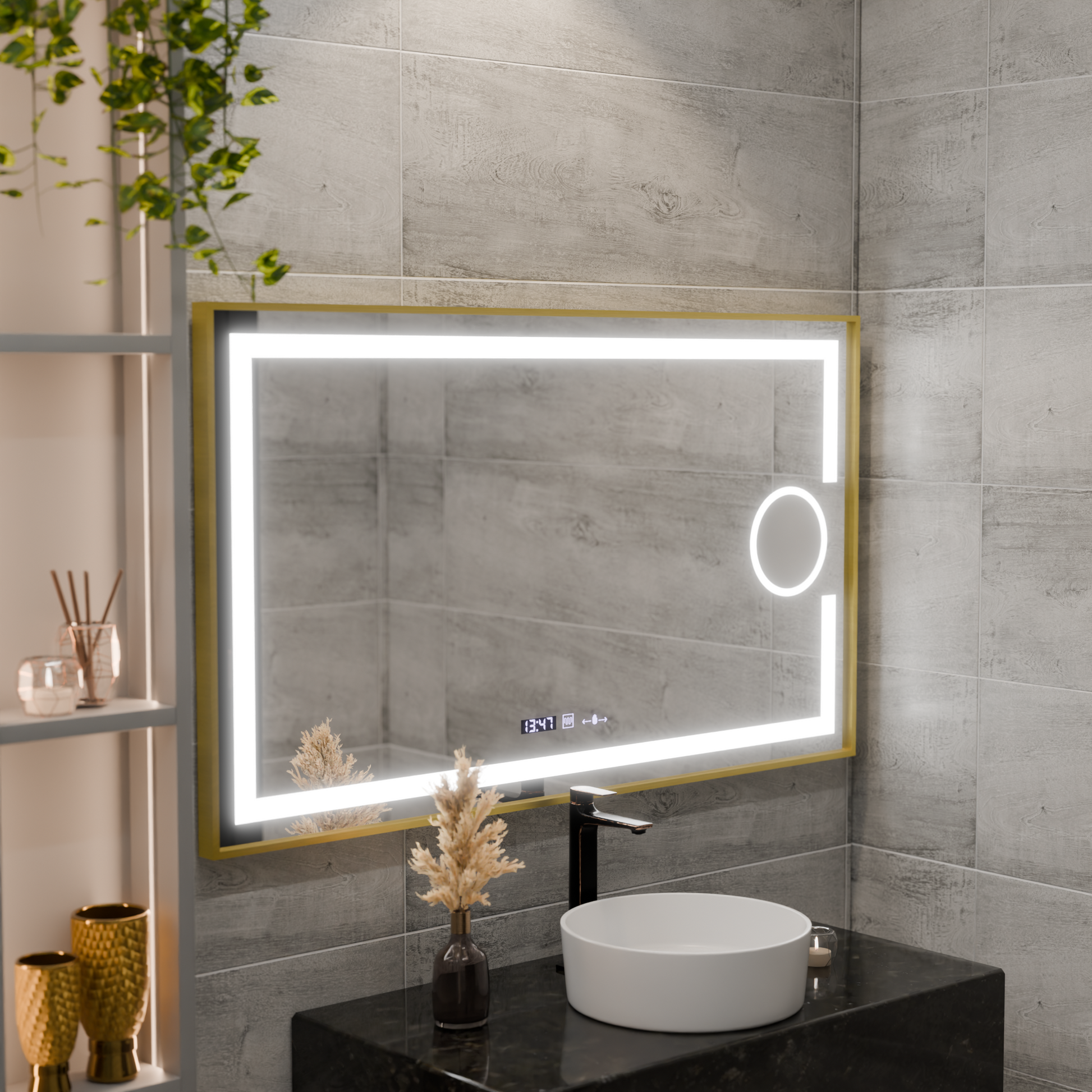 Oglinda LED Rectangulara, 120x80cm, Eclat MotionGlow Marcello, Sistem Dezaburire, Ceas & Termometru, Lupa Cosmetica, Dimabila, Rama Auriu Brushed Oglinzi Marcello Default Title Alessandro Design