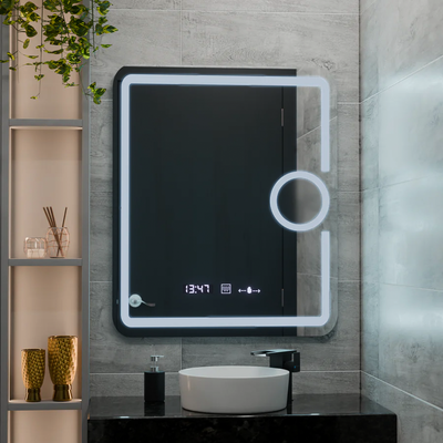 Prostokątne lustro LED, 60x80cm, Eclat MotionGlow Marcello, zegar i termometr, system odmgławiania, lupa kosmetyczna, możliwość przyciemniania