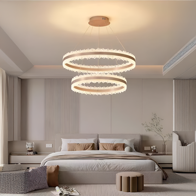 Zawieszany żyrandol LED z pilotem NIVALIS Duo 127W, koła 60x80cm, światło zimne/ciepłe/neutralne, możliwość przyciemniania, regulacja wysokości, złoty