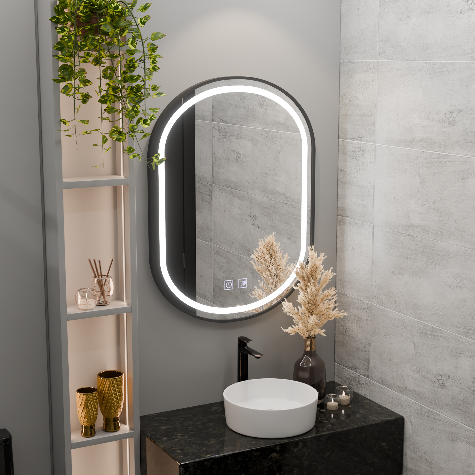 Owalne lustro LED 50x80cm VETRO Touch ściemnialny system odmgławiacza, czarna ramka Lustra Korman E Domyślny tytuł Alessandro Design