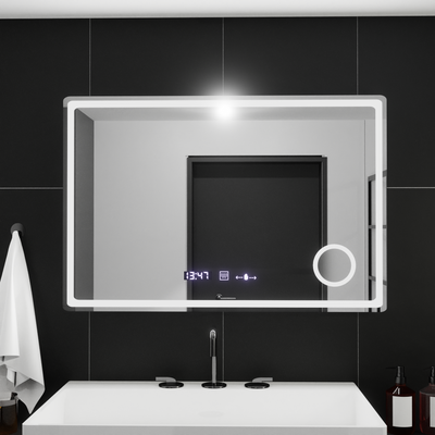 Prostokątne lustro LED, 90x60 cm, Velor Motionglow Marcello, zastępca systemu, zegar i termometr, kosmetyki