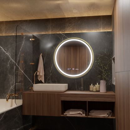 Okrągłe lustro LED, 80 cm, Celeste Royale Gold MotionGlow Marcello, system przeciwmgielny, zegar i termometr, przyciemniane lustra Marcello Domyślny tytuł Alessandro Design