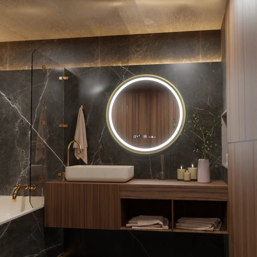 Okrągłe lustro LED, 60 cm, Celeste Royale Gold Eleve MotionGlow Marcello, system przeciwmgielny, zegar i termometr, możliwość przyciemniania, odpinany pasek Marcello Mirrors Domyślny tytuł Alessandro Design