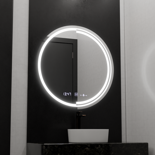 Okrągłe lustro LED, 60 cm, czujnik MotionGlow Consuel Marcello, system odmgławiania, zegar i termometr, przyciemniane lustra Marcello Domyślny tytuł Alessandro Design