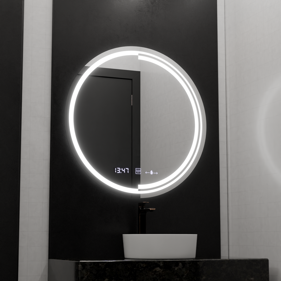 Okrągłe lustro LED, 60 cm, czujnik MotionGlow Consuel Marcello, system odmgławiania, zegar i termometr, przyciemniane lustra Marcello Domyślny tytuł Alessandro Design