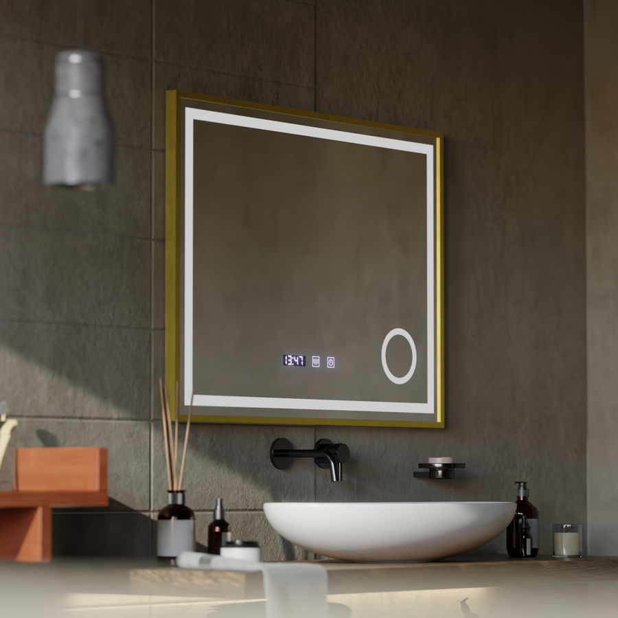LED Touch CLARUS System odmgławiania lusterek, zegar i temperatura 80x60 cm Złota ramka Szczotkowane lusterka kosmetyczne Korman S Domyślny tytuł Alessandro Design