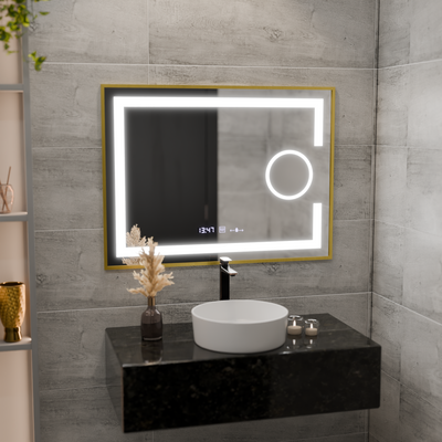 Prostokątne lusterko LED, 80x60 cm, Eclat Motionglow Marcello, zastępca systemu, zegar i termometr, kosmetyki, cieśni, złota Rama