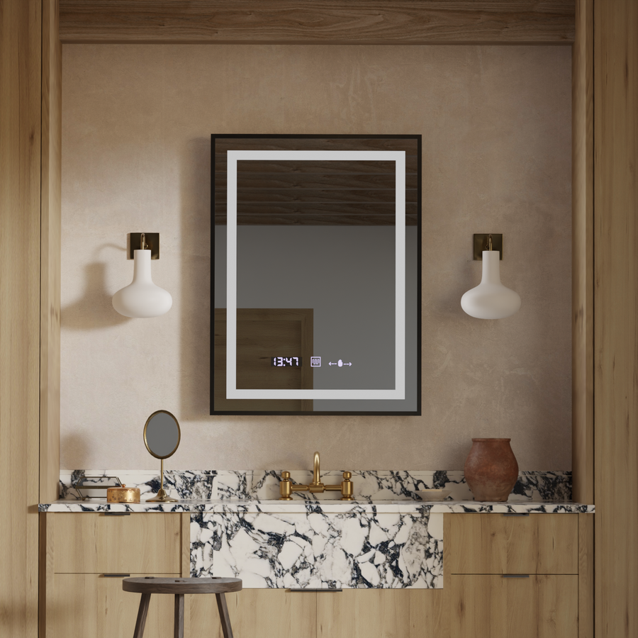 Prostokątne lustro LED, 50x70cm, Verite Majeste Noir Motion Glow Marcello, system odmgławiania, zegar i termometr, przyciemniane lustra Marcello Domyślny tytuł Alessandro Design