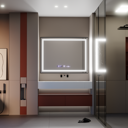 Prostokątne lustro LED, 80x60 cm, Verite Majeste Noir Motion Glow Marcello, system odmgławiania, zegar i termometr, przyciemniane lustra Marcello Domyślny tytuł Alessandro Design