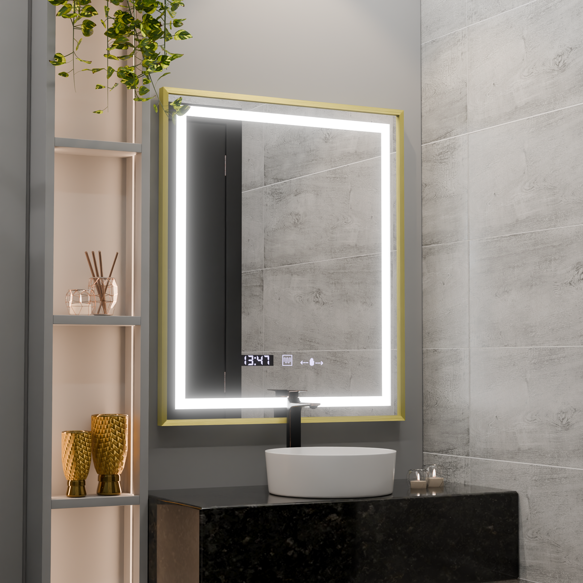 Prostokątne lustro LED, 75x90 cm, Verite Royale Gold MotionGlow Marcello, system odmgławiania, zegar i termometr, przyciemniane lustra Marcello Domyślny tytuł Alessandro Design